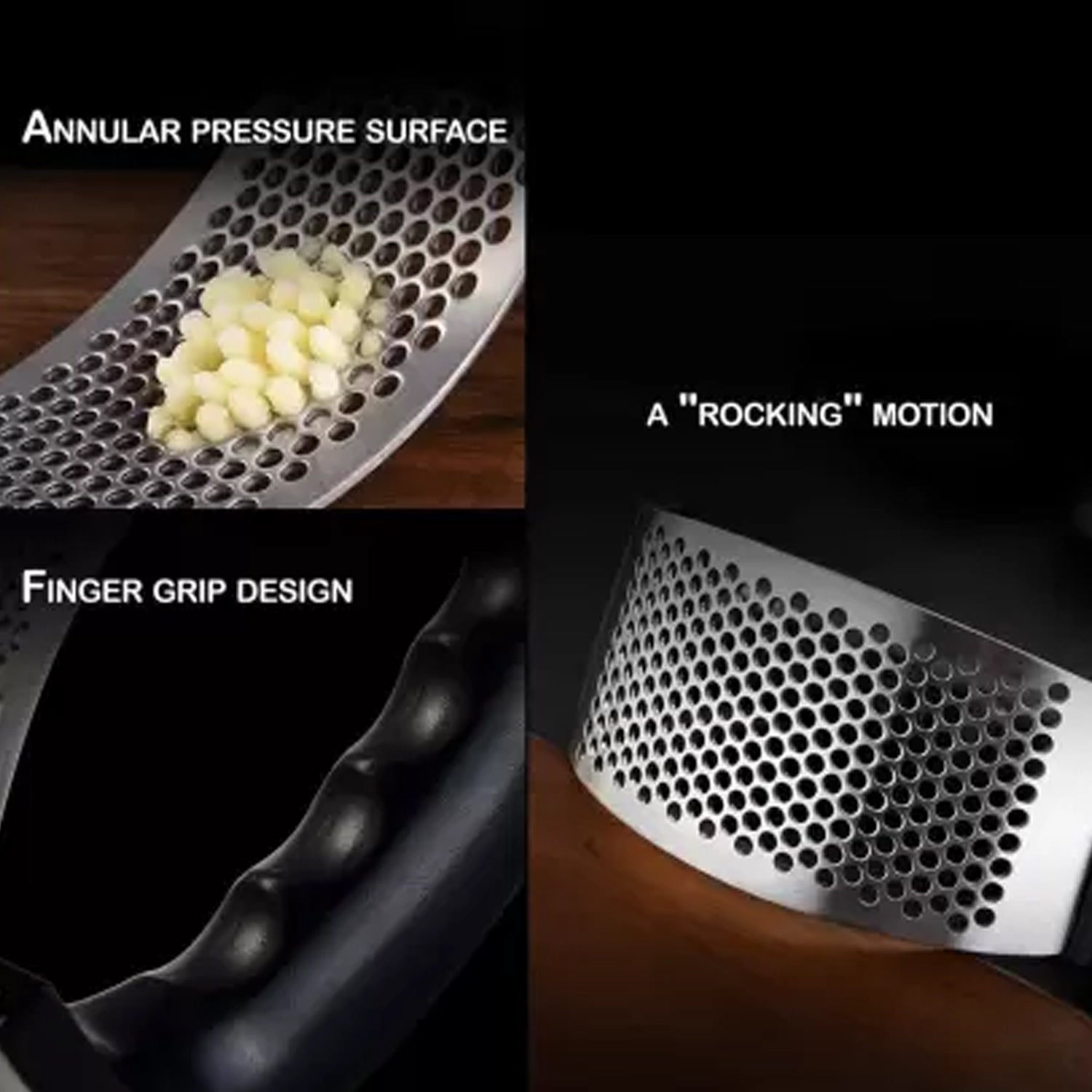 Ergonomic stainless steel garlic presser for kitchen use. Ergonomic stainless steel garlic presser for kitchen use.